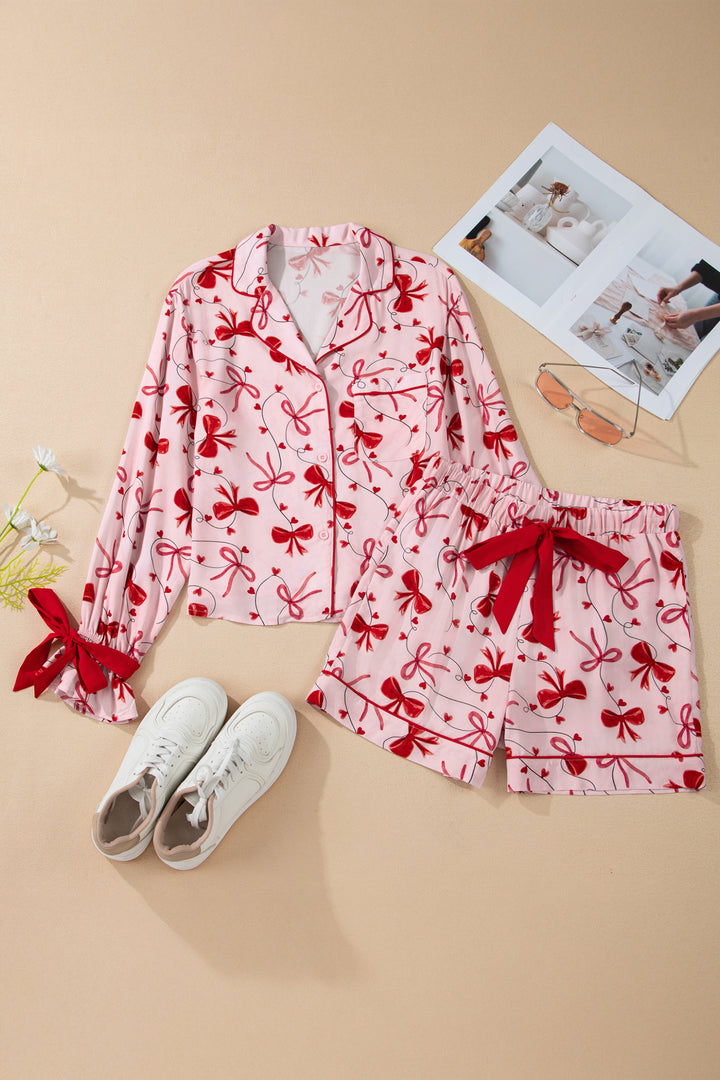 Red Bow Print Valentine Long Sleeve Shirt Shorts 2 Pcs Pajama Set