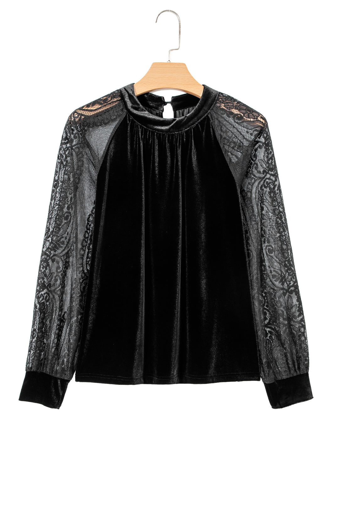 Black Sheer Lace Long Sleeve Patchwork Stand Neck Velvet Blouse