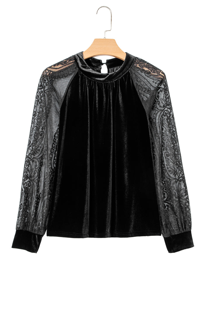 Black Sheer Lace Long Sleeve Patchwork Stand Neck Velvet Blouse