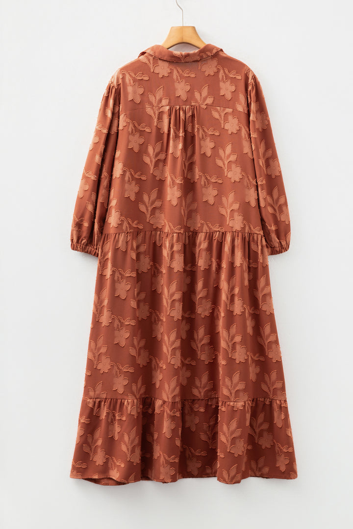Cinnamon Plus Size Textured 3D Flower Pattern Ruffle Hem Long Dress