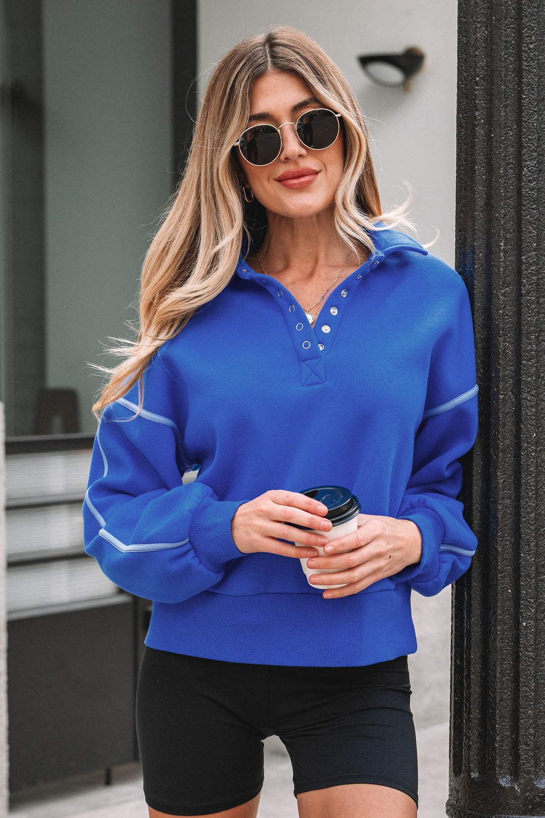 Button up Collared Exposed Seam Chic Sweatshirt