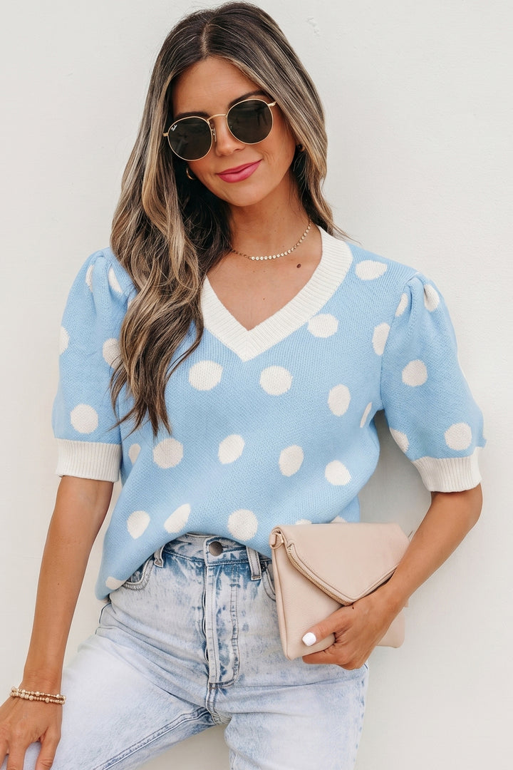 Light Blue Polka Dot Puff Short Sleeve Sweater Top