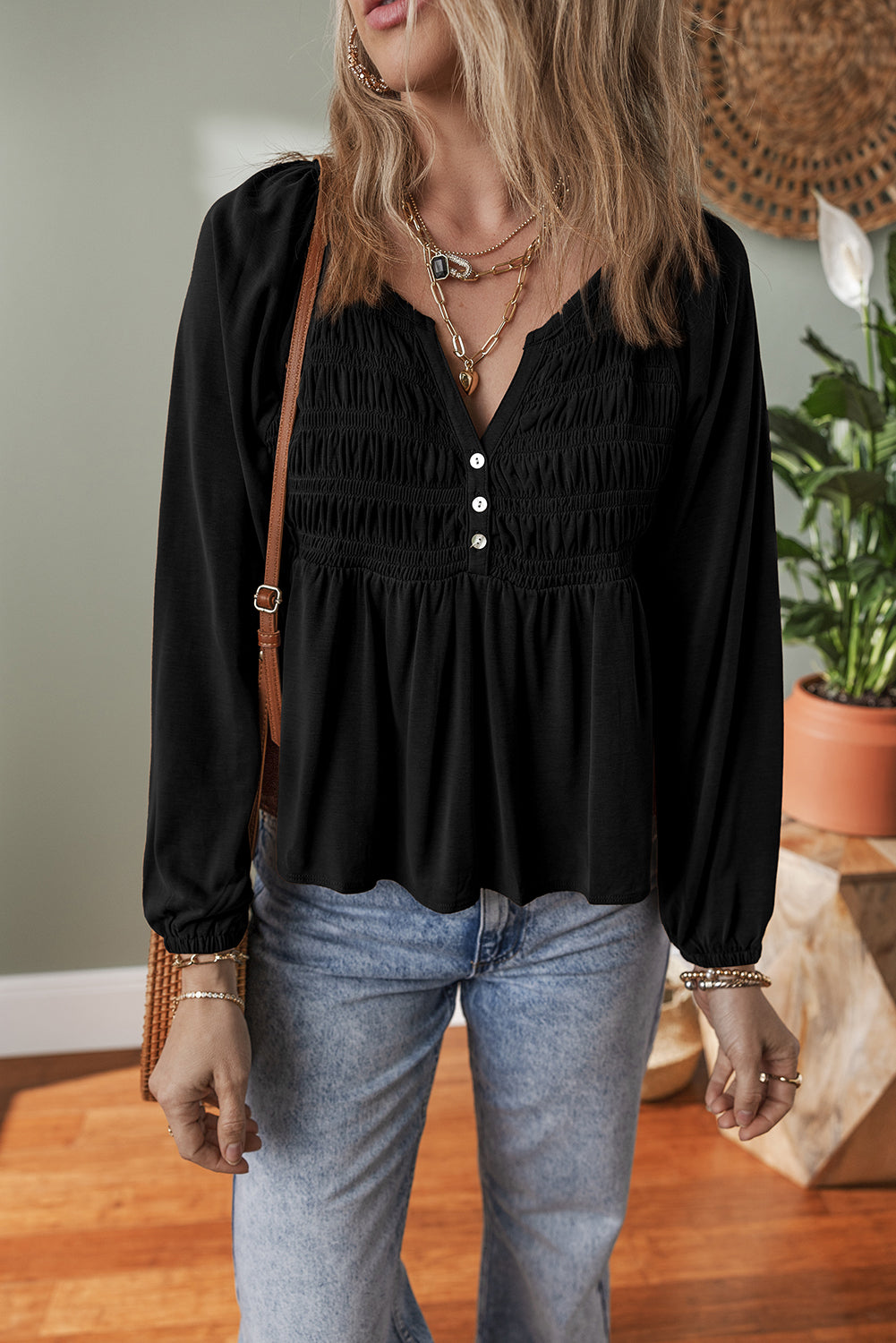 Smocked Bust Buttoned Split V Neck Flow Fit Blouse
