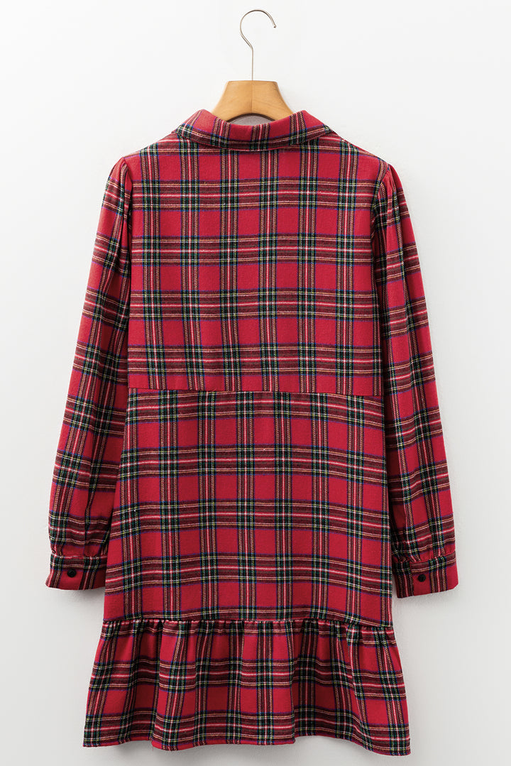 Plaid Shirt Collar Half Button Ruffle Hem Long Sleeve Mini Dress
