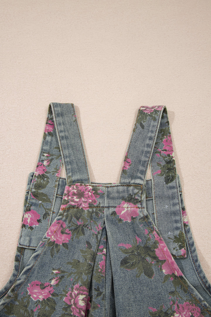 Gray Beau Floral Print Pleated High Waist Wide Leg Denim Jumpsuit
