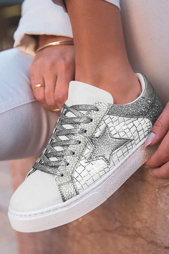 Glitter Star Patchwork PU Leather Lace-up Sneakers
