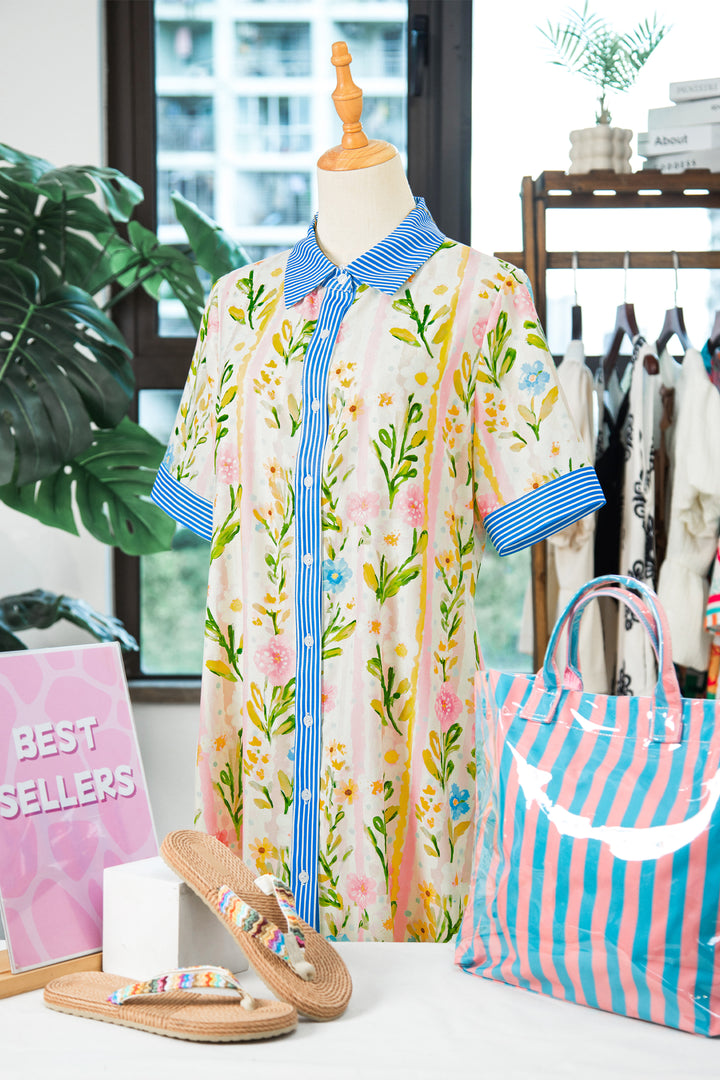 Chic Multicolour Floral Print Striped Trim Button Down Shift Dress