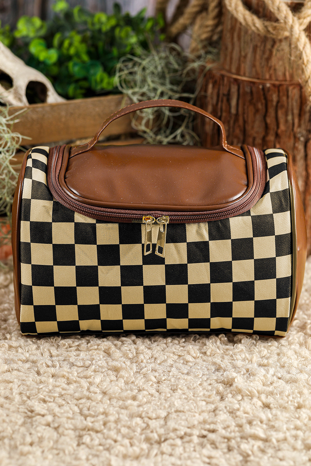 Checkered PU Leather Zipper Makeup Bag