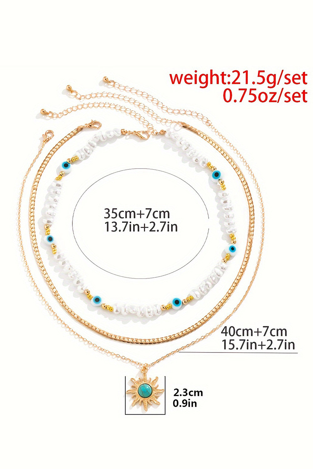 Collier pendentif multicouche en perles turquoises et perles de soleil
