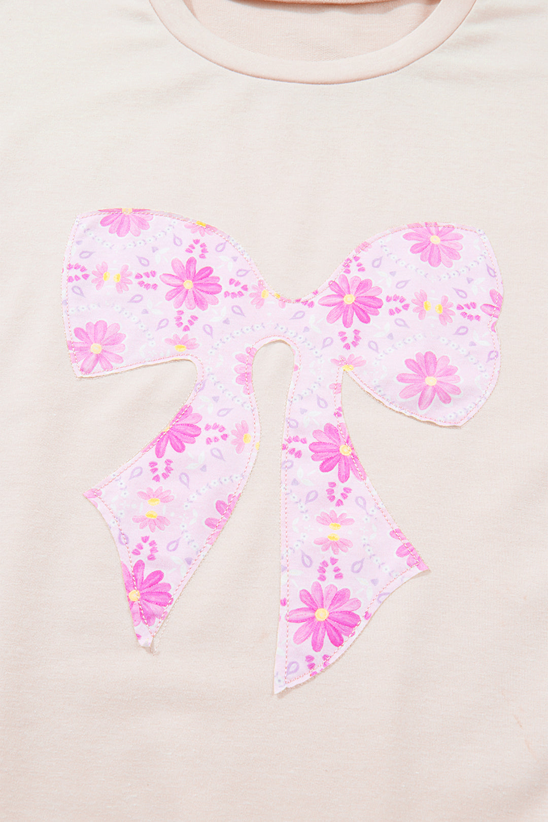 Apricot Daisy Floral Bow Contrast Patchwork Loose T Shirt