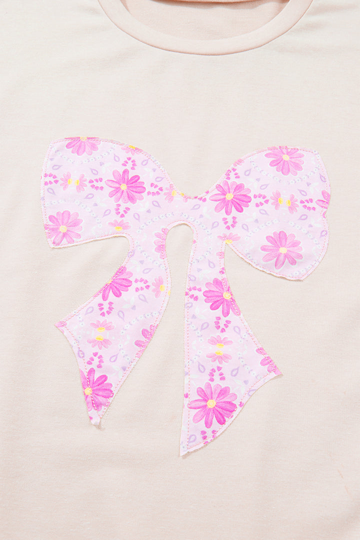 Apricot Daisy Floral Bow Contrast Patchwork Loose T Shirt