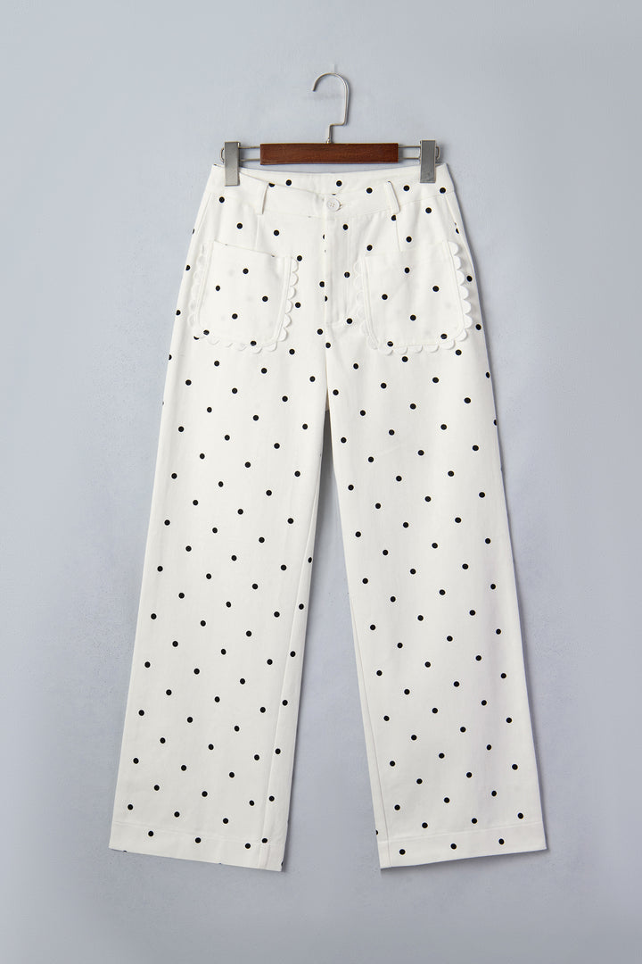 White Polka Dot Print Scalloped Patch Pocket Cotton Shift Pants