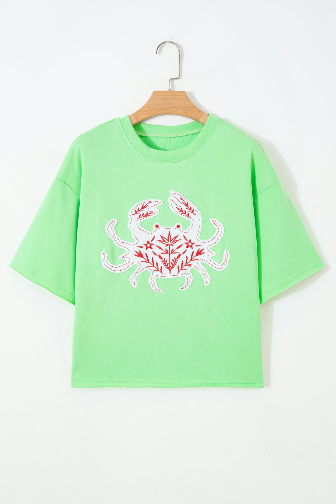 Bright Green Crab Embroidered Patch Loose Round Neck Tee