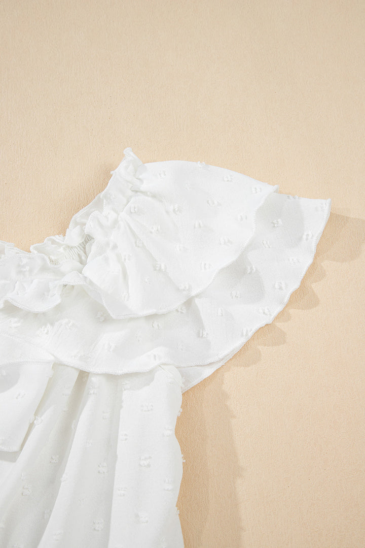 off shoulder ruffle knotted detail swiss dot blouse