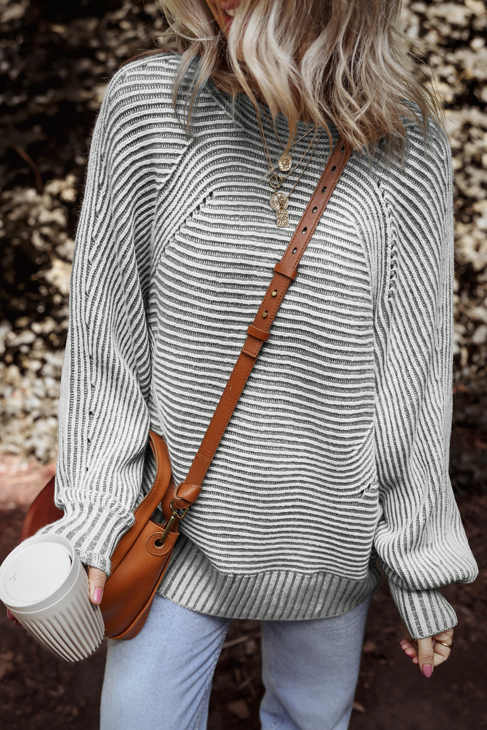 Striped Print Ribbed Knit Boat Neck Baggy Sweater