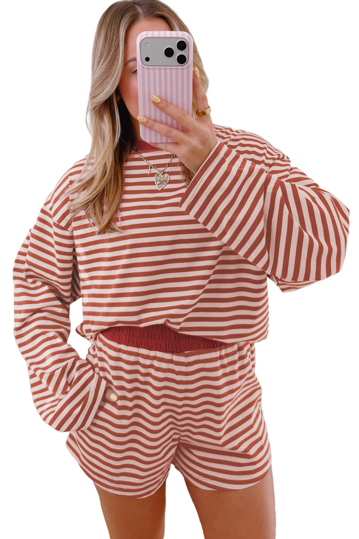 Brown Stripe Relaxed Long Sleeve Top Contrast Elastic Waistband Short Set