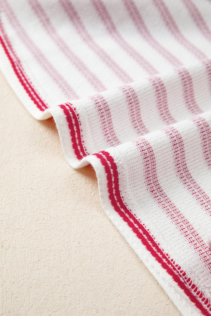 Red Stripe Textured Knit Button Detail Short Sleeve Casual Tee