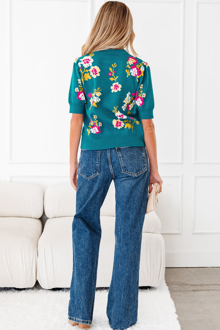 Flower Pattern Mock Neck Short Sleeve Knitted T Shirt