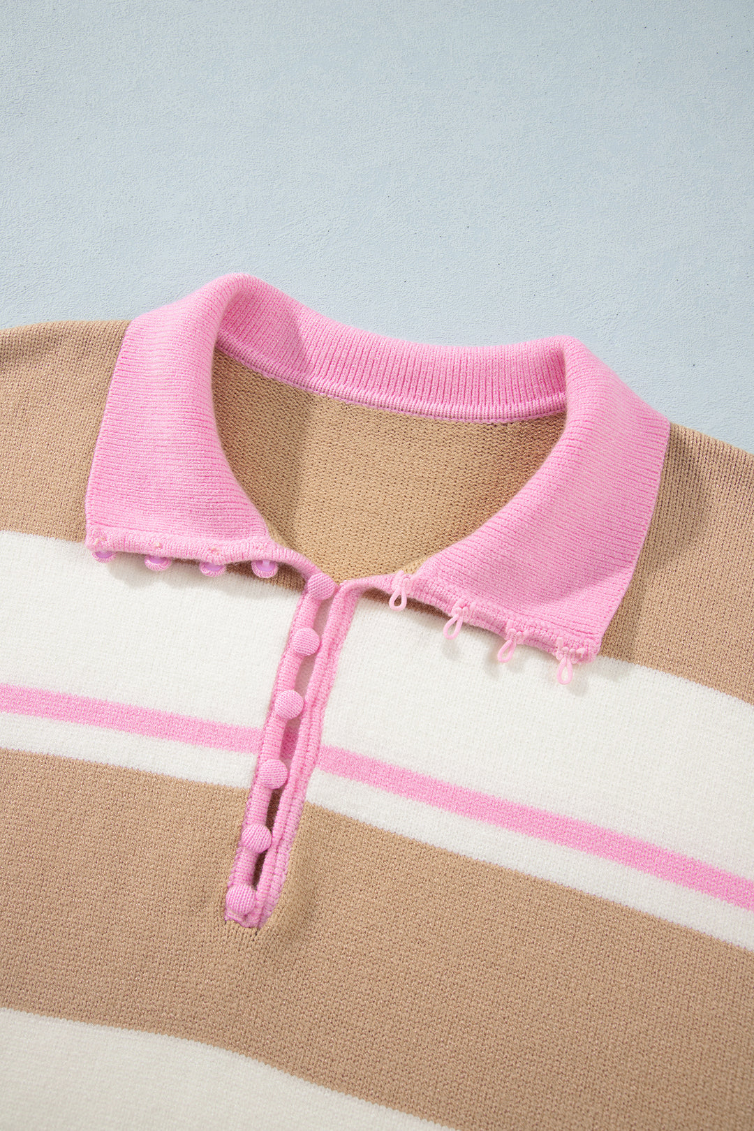 Khaki Stripe Button Placket Long Sleeve Sweater