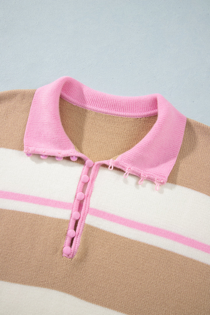 Khaki Stripe Button Placket Long Sleeve Sweater