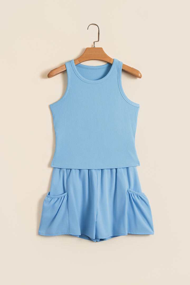 Mist Blue Ribbed Slim Tank Pocketed Wide Leg Shorts Set