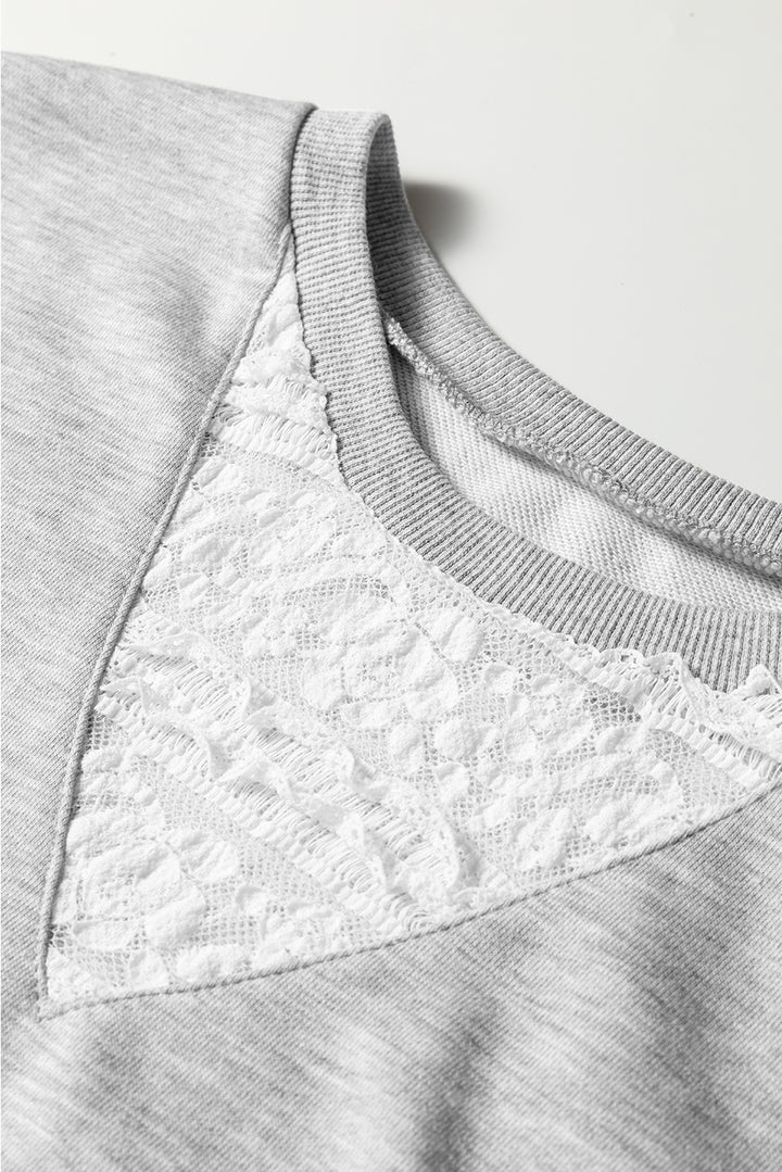 Light Grey Lace Patchwork Drop Shoulder Pullover Skort 2pcs Outfit