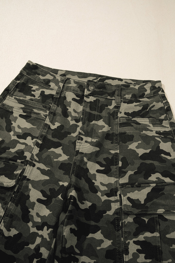 Green Camouflage Print Multi Pocketed Womens Denim Pants