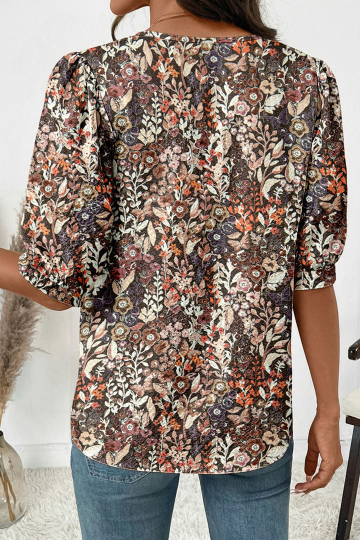 Brown Floral Print Half Button Puff Sleeve Blouse