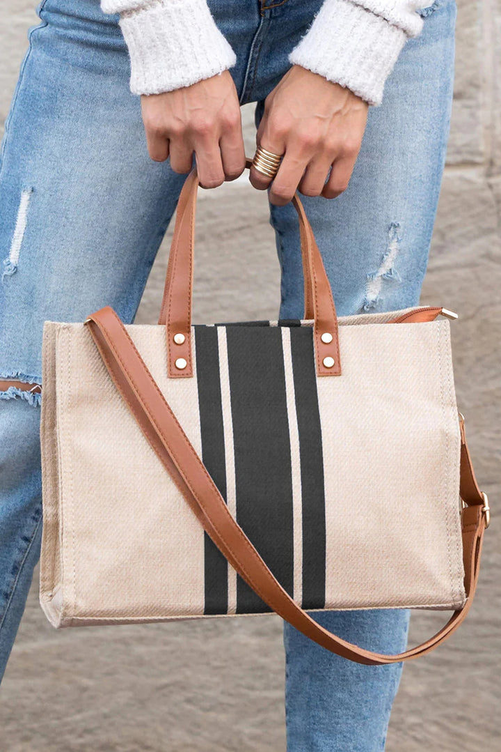 Striped Print Contrast PU Leather Handle Patchwork Shoulder Bag