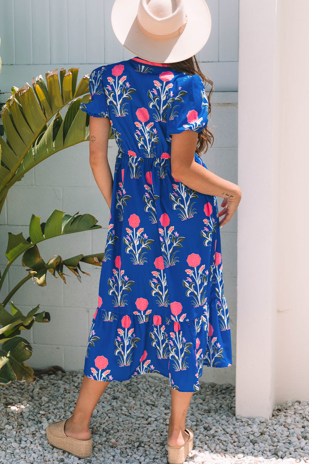 Blue Floral Puff Short Sleeve Maxi Dress
