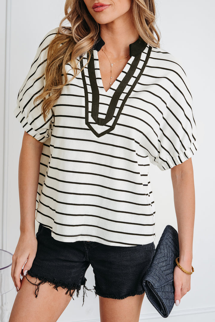 Stand Collar V Neck Elastic Cuffs Half Sleeve Dolman Top