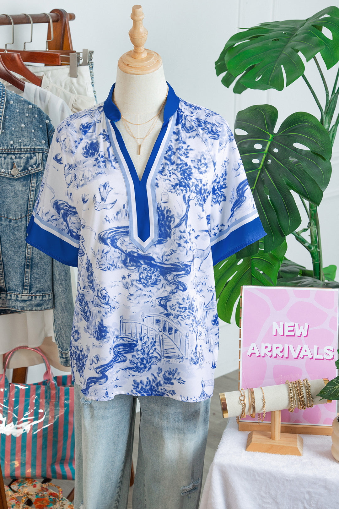 Blue Wild Animal Paradise Contrast V Neck Raglan Sleeve Blouse