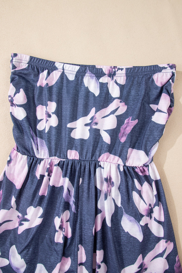 Gray Bandeau Floral Print Romper with Pockets