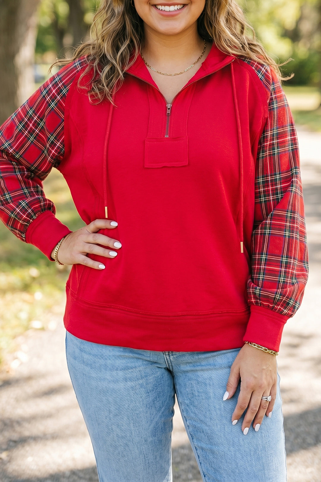 Fiery Red Plaid Sleeve Colorblock Zip-Up Shift Silhouette Ribbed Hem Plus Size Hoodie