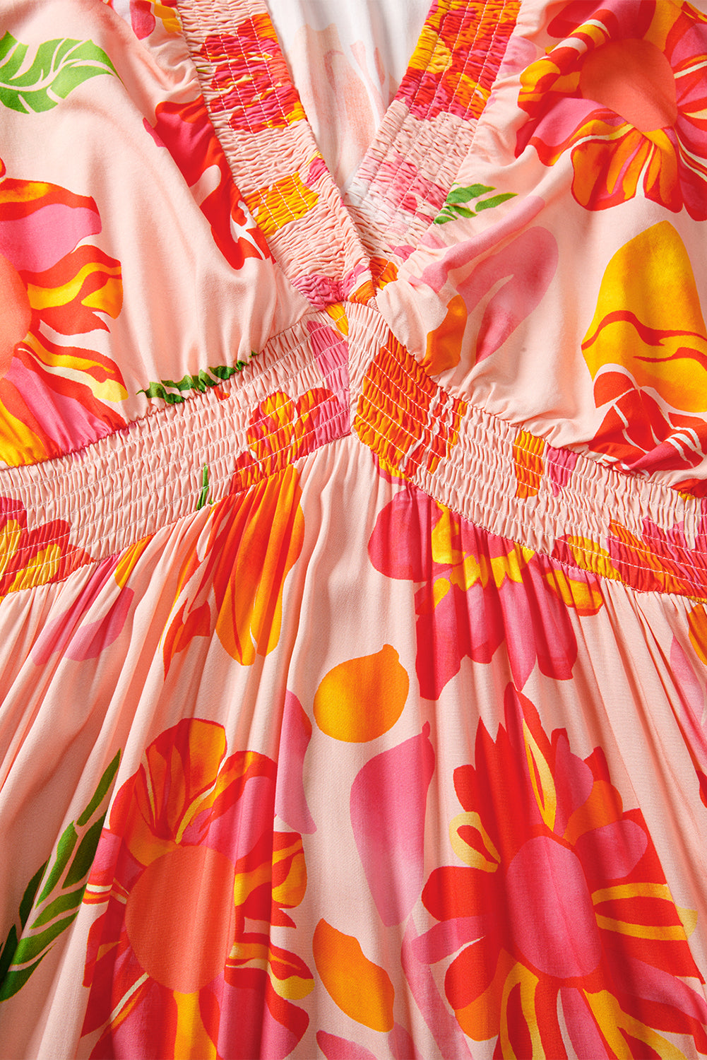 Floral Print Smocked Detail V Neck Puff Sleeve Flowy Maxi Dress