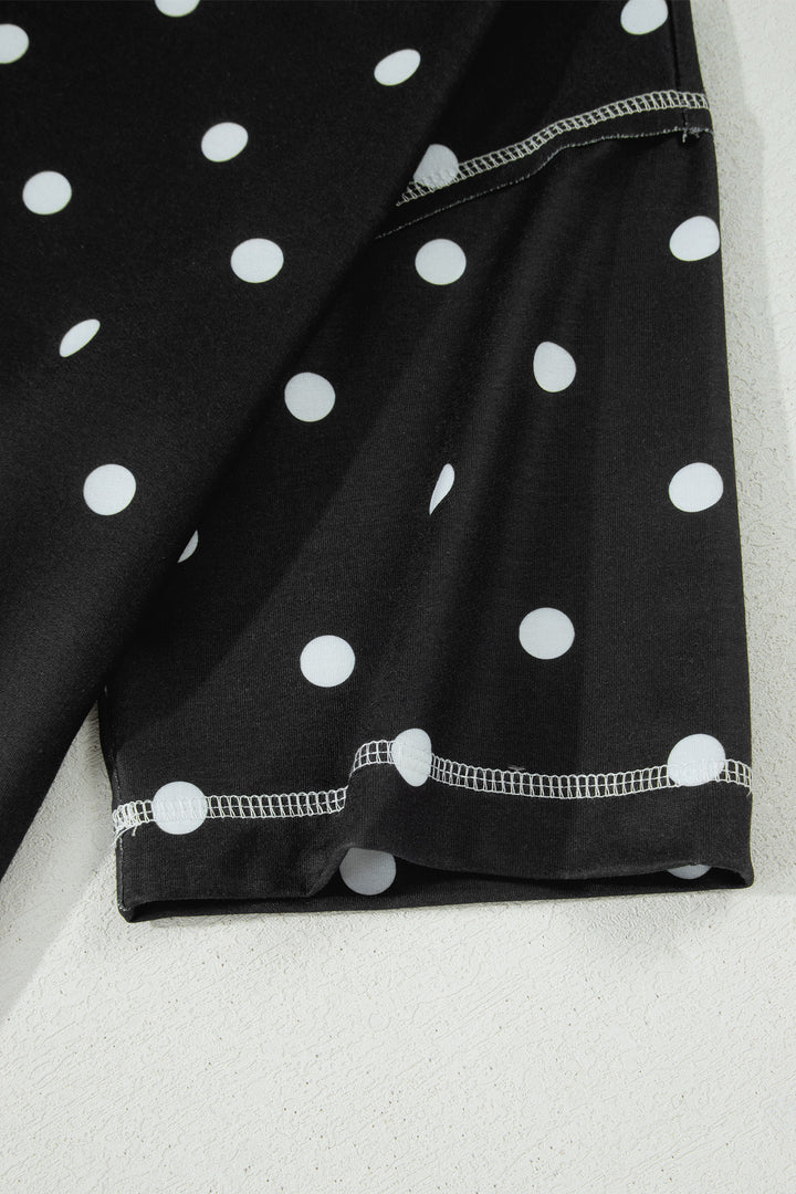 Black Polka Dot Short Sleeve Loose Top Drawstring Shorts Set