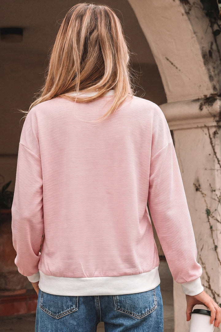 Pink Stripe Contrast Edge Patchwork Long Sleeve Top