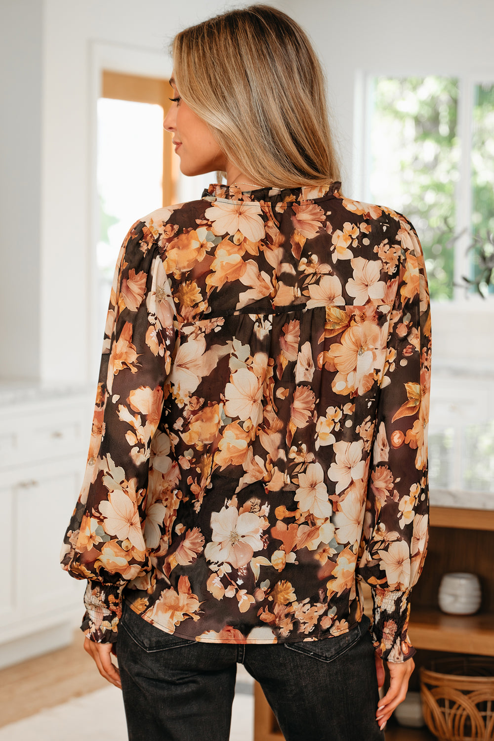 Floral V Neck Long Puff Sleeve Breezy Blouse