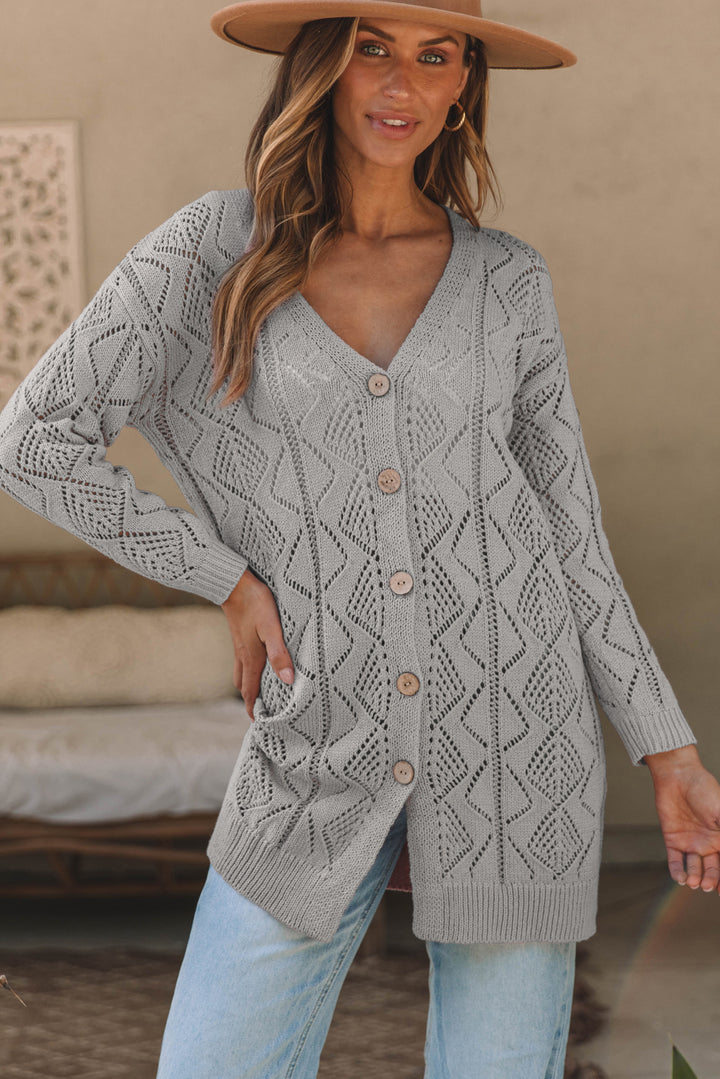 Gray Hollow-out Openwork Cotton Knit Cardigan