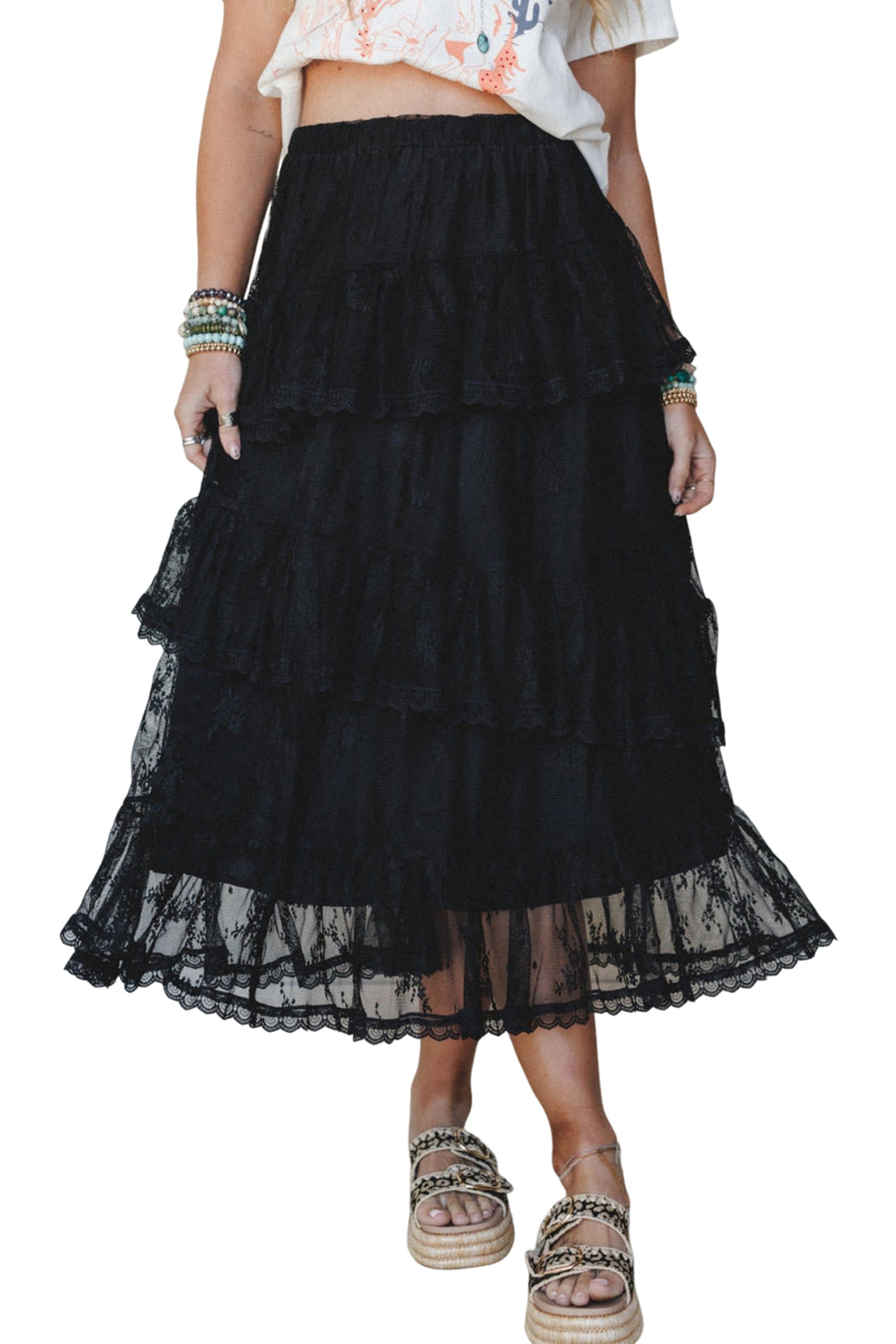 Chic Black Elegant Ruffle Lace Tiered Skirt