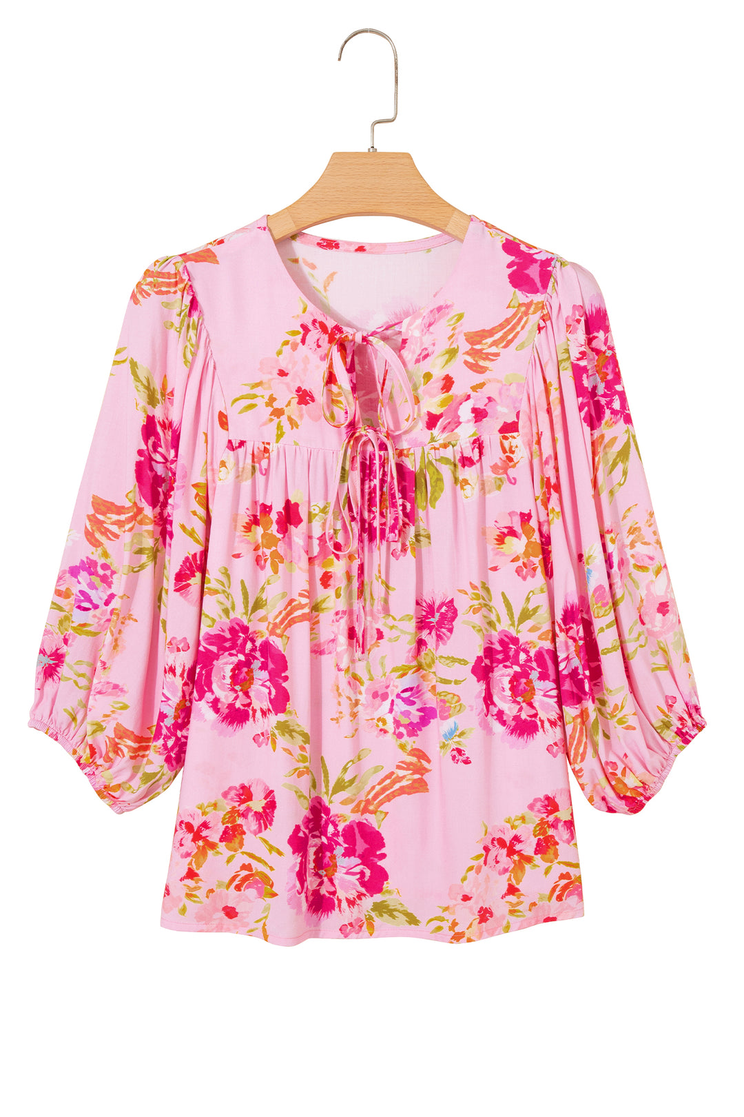 Pink Floral Print Tie Neck Puffy Half Sleeve Blouse