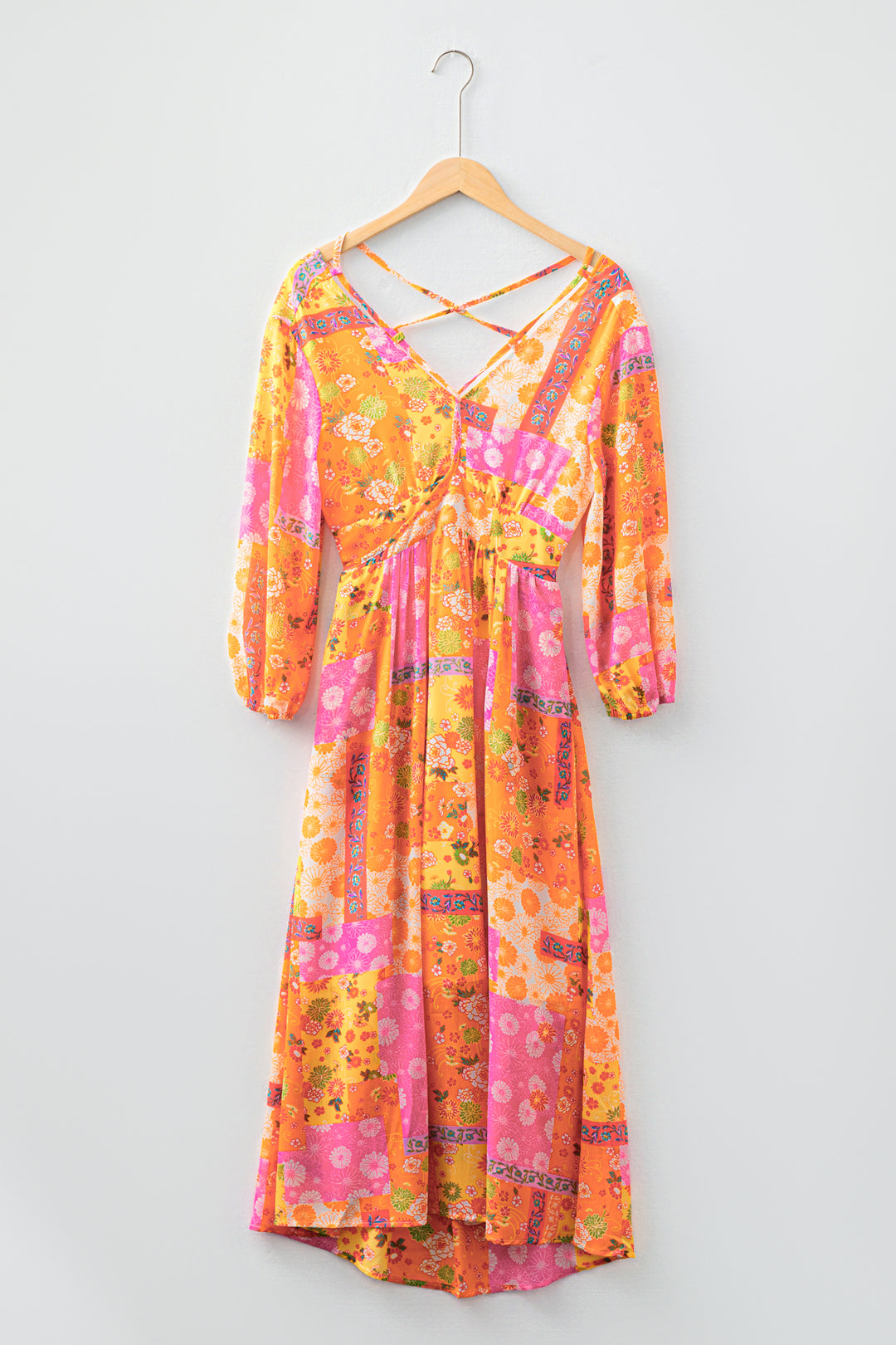 Orange Floral Print Cut out Tied Back Bracelet Sleeve Maxi Dress
