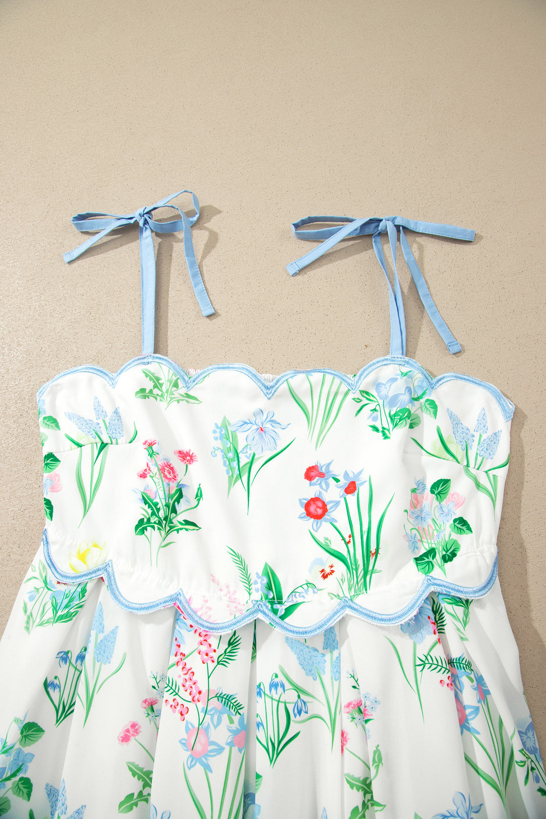 Beige Floral Print Contrast Trim Self-tie Straps High Waist Midi Dress