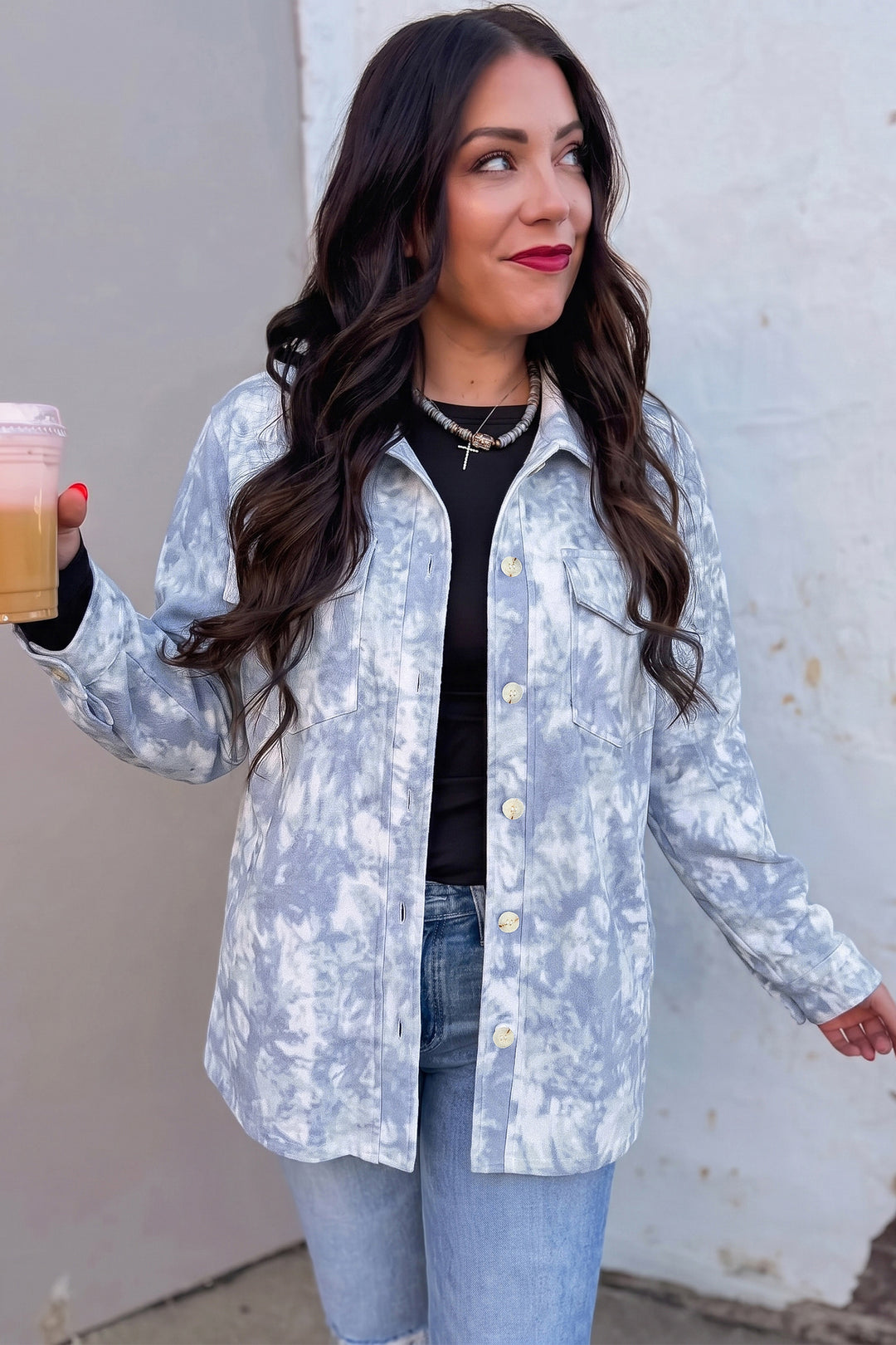Gray Abstract Print Fuzzy Collar Long Sleeve Patch Pocket Tunic Jacket