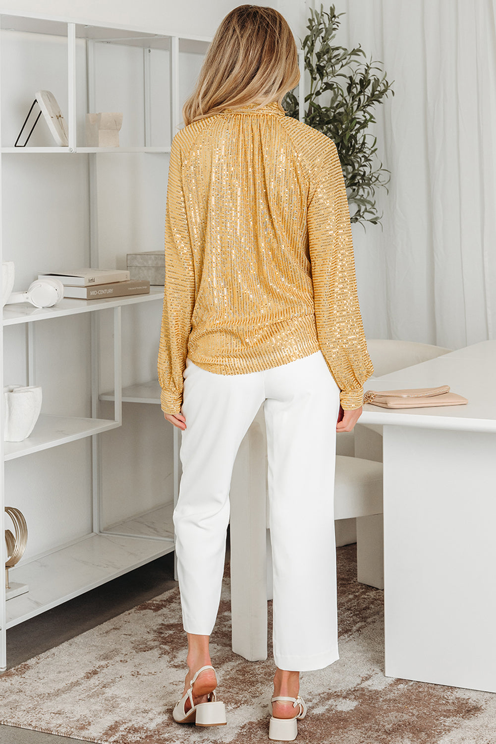 Metallic Balloon Sleeve Buttoned High Neck Loose Blouse