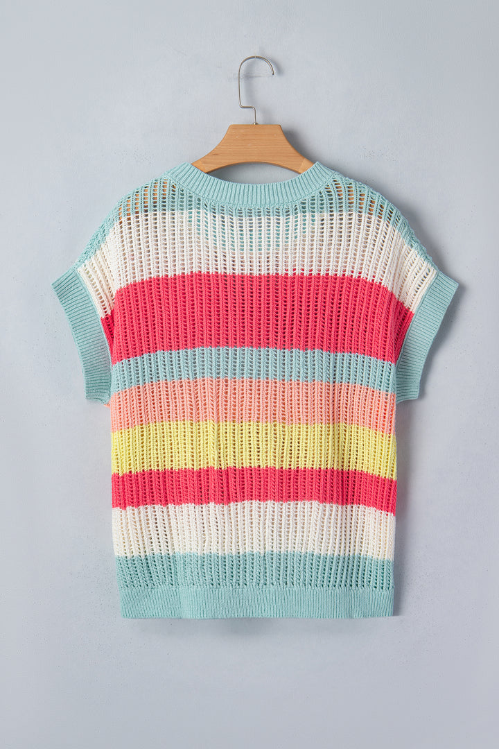 Color Block Hollow Out Knit Short Sleeve Sweater