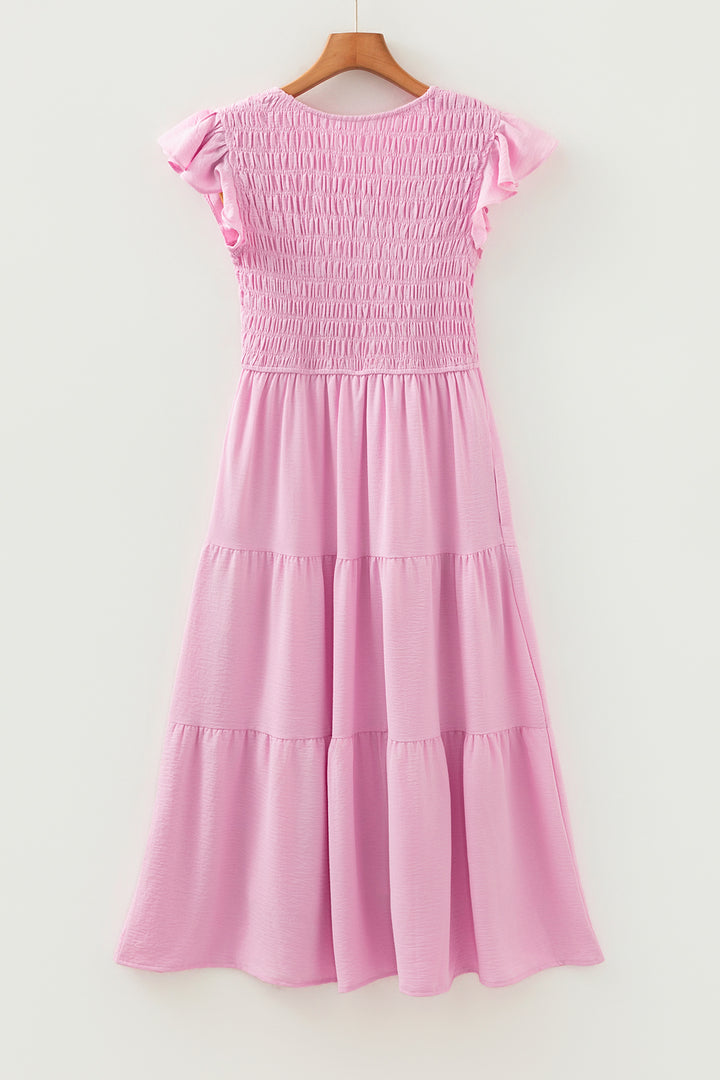 Smocked Bodice Flutter Sleeve Fit Flare Tiered Midi Dress