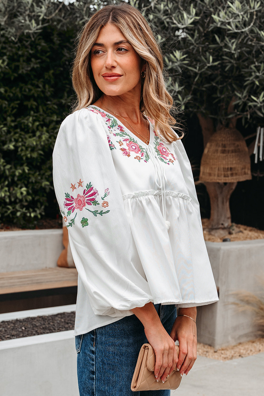 Flower Print Lace-up V Neck Babydoll Blouse