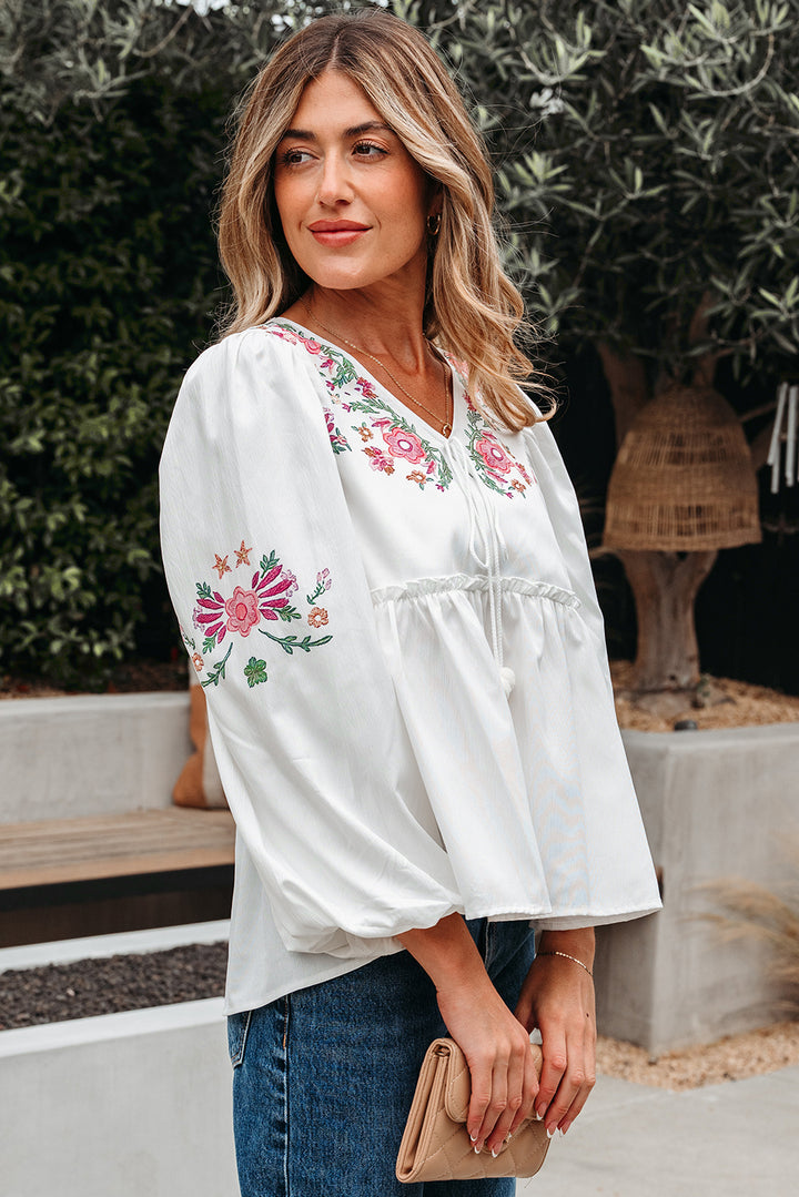 Flower Print Lace-up V Neck Babydoll Blouse