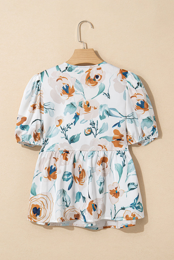 floral print puff sleeve v neck babydoll blouse